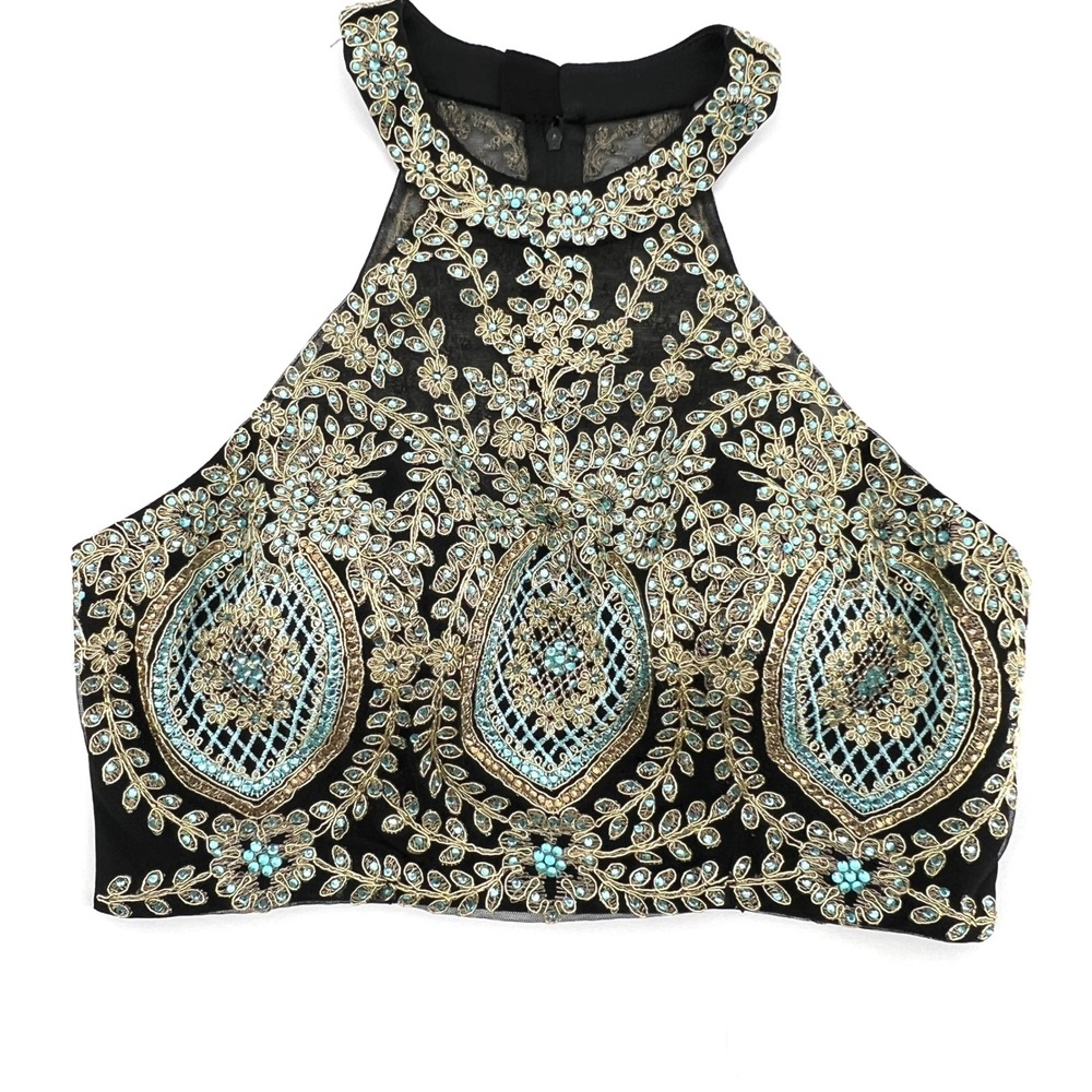 Beaded Rhinestone Embellished Formal Crop Top Halter Size 4 Black Gold Aqua Prom